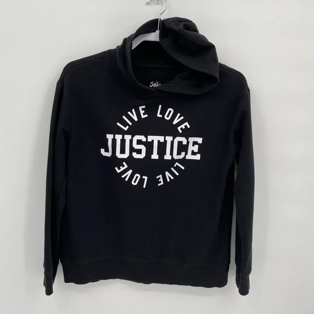 Justice Girl's Live Love Pullover Hoodie Sweatshirt Solid Black Size XL 16/18
